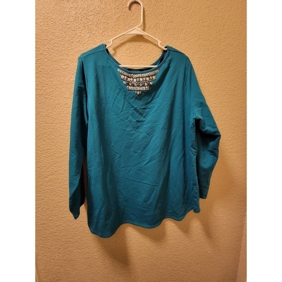 Susan Graver Style Blue Long Sleeve Blouse With Beaded Nackline Size 1X - Picture 1 of 5